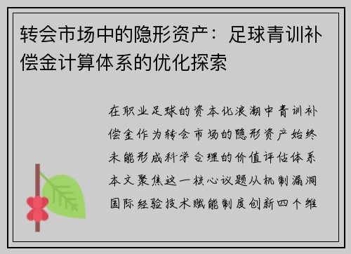 转会市场中的隐形资产：足球青训补偿金计算体系的优化探索
