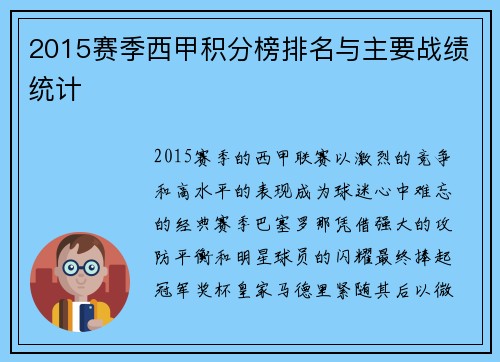 2015赛季西甲积分榜排名与主要战绩统计