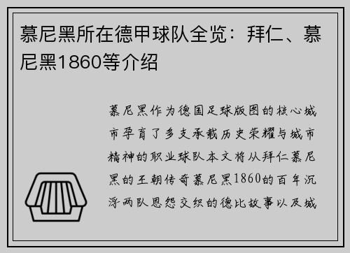 慕尼黑所在德甲球队全览：拜仁、慕尼黑1860等介绍